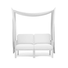 Two-seater outdoor furniture lounge with white resin frame, white cushions, and a protective canopy made from white fabric, displayed against a plain white background.