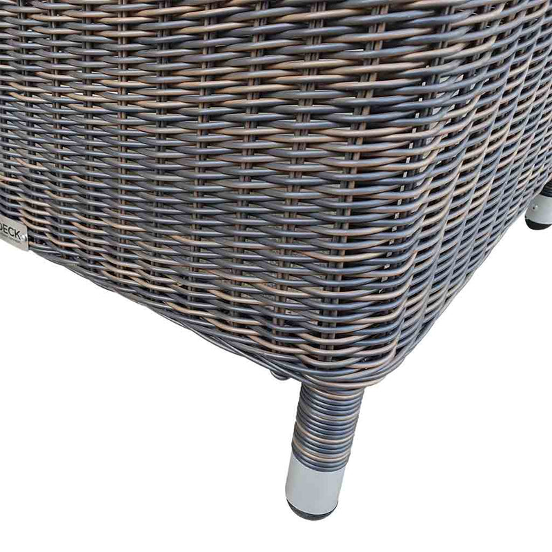 A close-up view of a wicker dining chair with charcoal frame and dark grey fabric set against a white background. Outdoor furniture, outdoor chairs, outdoor balcony furniture.