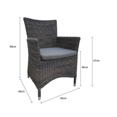 Outdoor furniture: A wicker dining chair with charcoal frame and dark grey fabric set against a white background.