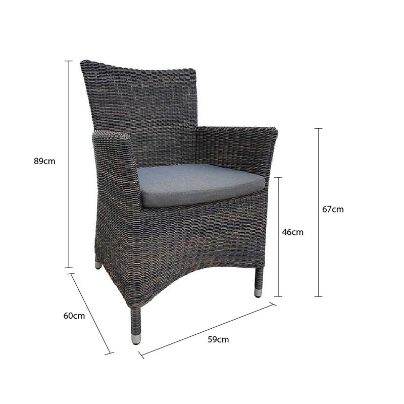 Outdoor furniture: A wicker dining chair with charcoal frame and dark grey fabric set against a white background.