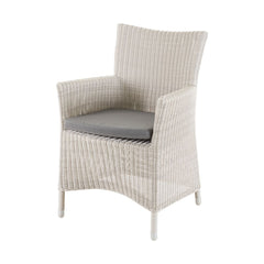 A wicker dining chair with white frame and light grey fabric set against a white background. Outdoor furniture, outdoor chairs, outdoor balcony furniture.