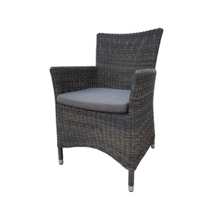 Outdoor furniture: A wicker dining chair with charcoal frame and dark grey fabric set against a white background.