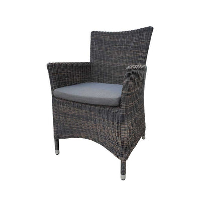 Outdoor furniture: A wicker dining chair with charcoal frame and dark grey fabric set against a white background.