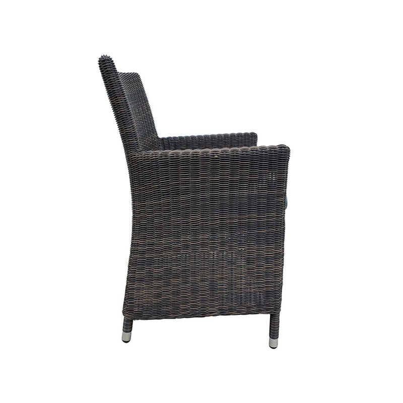Outdoor furniture: A wicker dining chair with charcoal frame and dark grey fabric set against a white background.
