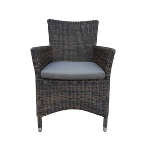 Outdoor furniture: A wicker dining chair with charcoal frame and dark grey fabric set against a white background.