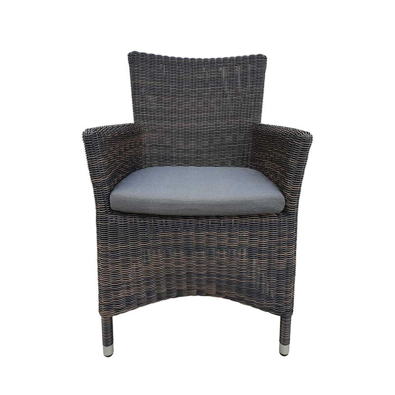 Outdoor furniture: A wicker dining chair with charcoal frame and dark grey fabric set against a white background.