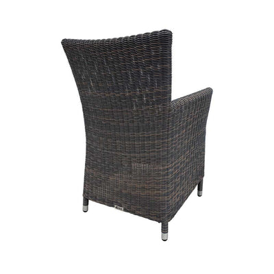 A back view of a wicker dining chair with charcoal frame and dark grey fabric set against a white background. Outdoor furniture, outdoor chairs, outdoor balcony furniture.