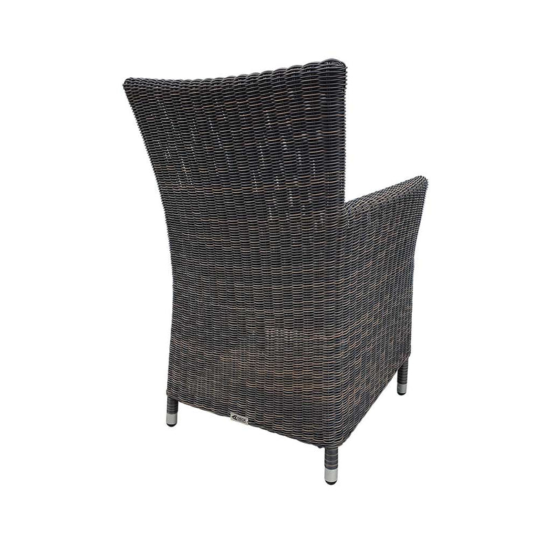 A back view of a wicker dining chair with charcoal frame and dark grey fabric set against a white background. Outdoor furniture, outdoor chairs, outdoor balcony furniture.
