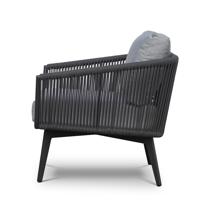 Outdoor furniture Truro Rope Series featuring a black rope chair with a gray pillow, outdoor lounge chair and 2-seater sofa.