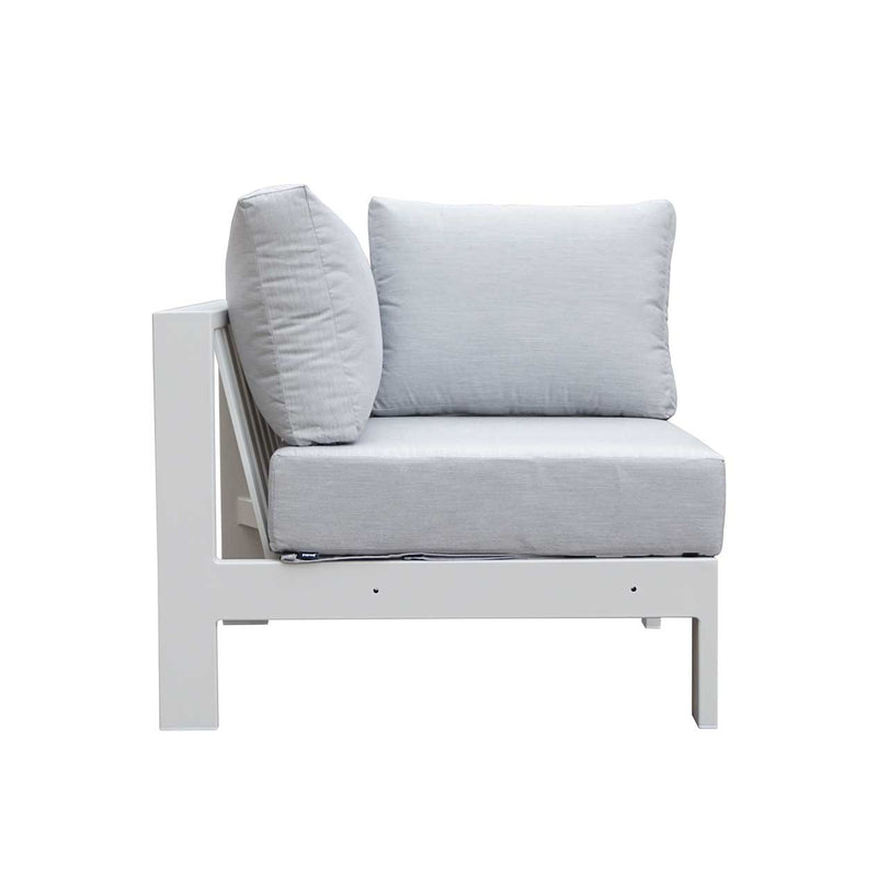 Albury outdoor furniture collection featuring outdoor chairs and aluminium outdoor furniture, including a white chair with pillows and a pillow on it, made with premium Spanish Agora fabric.