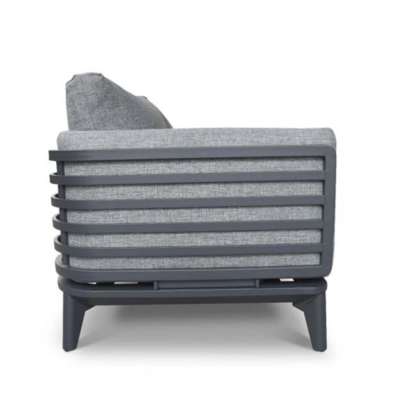 Aluminium outdoor furniture, 3-seater Alora lounge with charcoal frame and cushions, perfect for outdoor living. Side view shot against a white background.