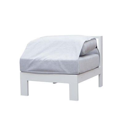 Albury outdoor furniture collection featuring outdoor chairs and aluminium outdoor furniture, previously a white bed with a sheet on top of it.