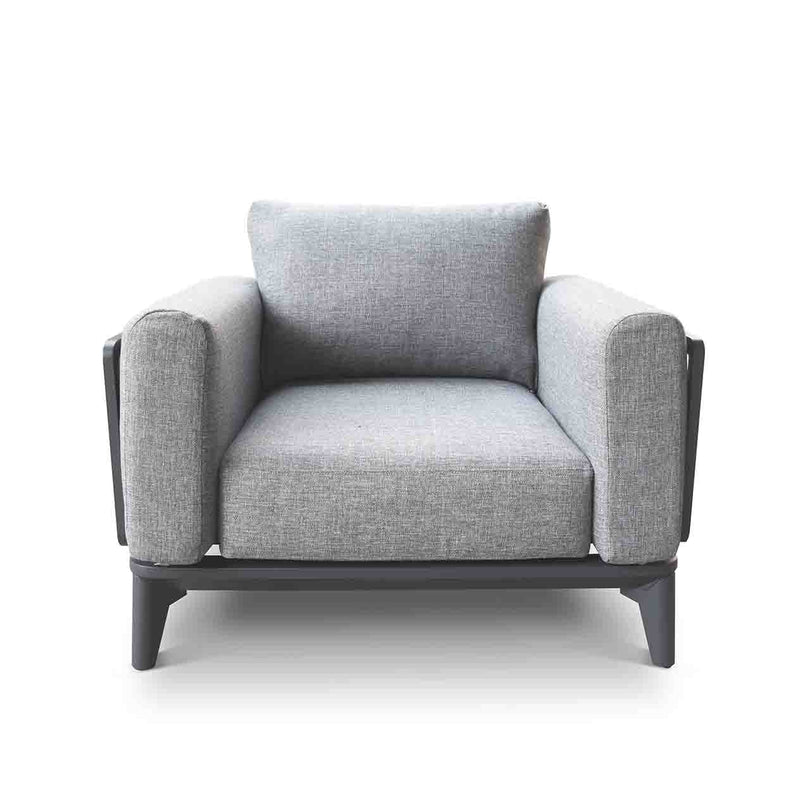 Outdoor furniture: An Aluminium armchair with charcoal frame and plush charcoal cushions set against a white background.