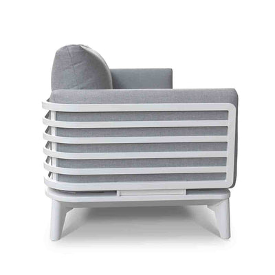 Alora range aluminium outdoor furniture, featuring a side view of an outdoor lounge chair with white frame and plush grey cushions, perfect for your outdoor living setup.