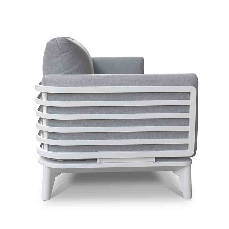 Alora range aluminium outdoor furniture, featuring a side view of an outdoor lounge chair with white frame and plush grey cushions, perfect for your outdoor living setup.