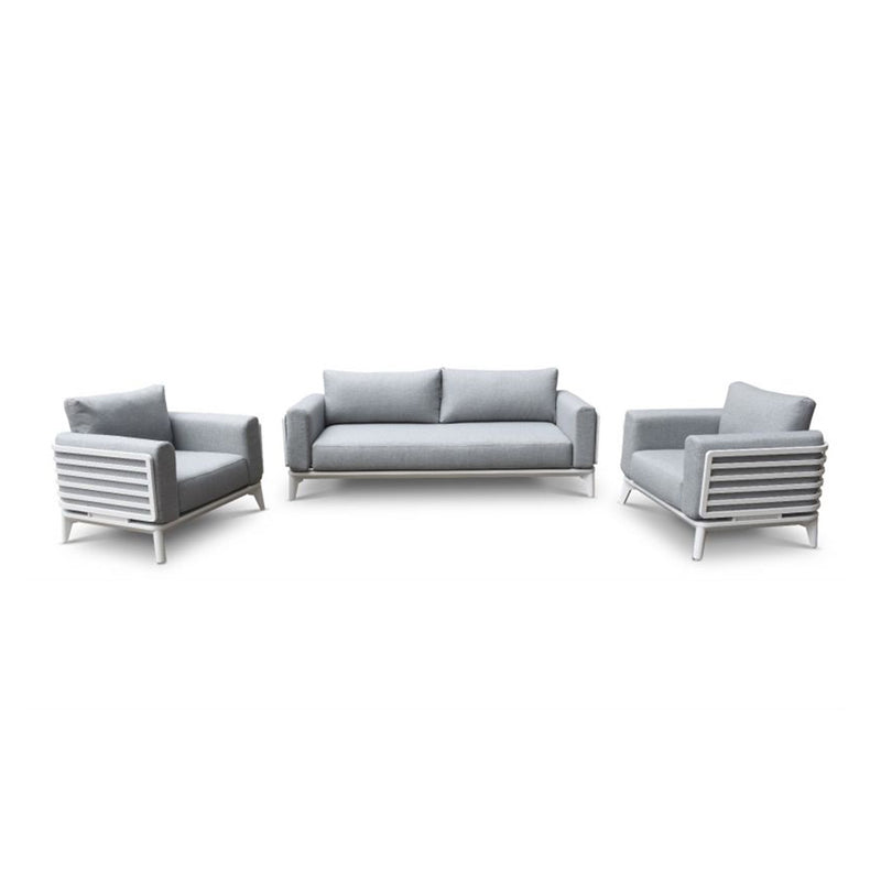 Alora range outdoor furniture including a 1-seater and 5-seater outdoor lounge, made of airy aluminium, in a white room.