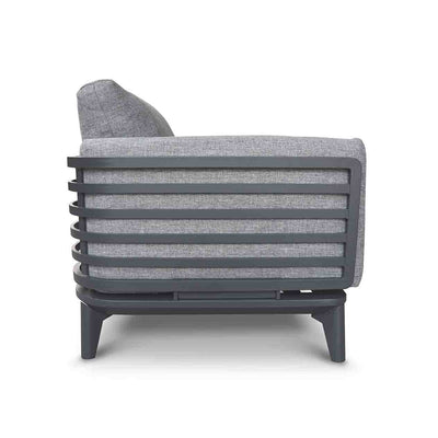 Alora range aluminum outdoor furniture, featuring a grey outdoor lounge chair with black legs and a gray seat, designed for durability and comfort.