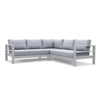Outdoor furniture: An aluminium 5-seater Modular Lounge with white frame and light grey fabric set against a white background.