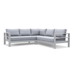 Albury outdoor furniture collection featuring outdoor chairs and aluminium sectional couch with arm rests on a white background, complete with waterproof lining and premium Spanish Agora fabric.
