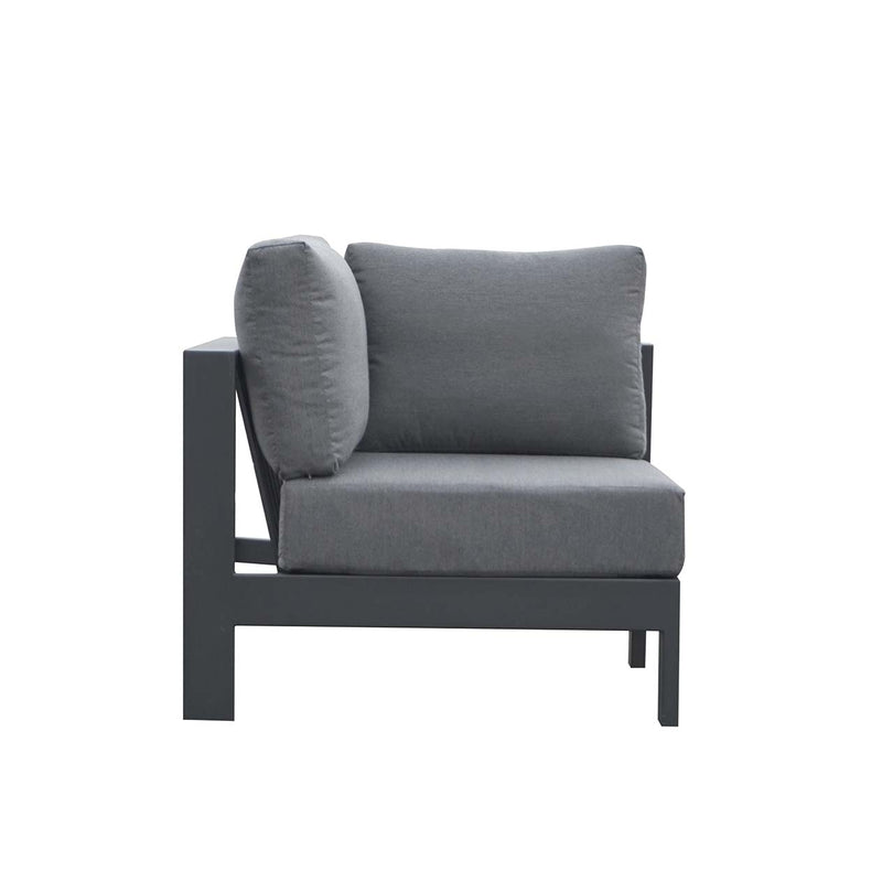 Albury outdoor furniture collection featuring outdoor chairs and aluminium outdoor furniture, including a grey chair with a pillow on it, all with premium Spanish Agora fabric and waterproof lining.