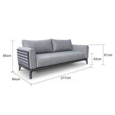 Aluminium outdoor furniture from Alora range, featuring a 3-seater outdoor lounge with charcoal frame and cushions, perfect for outdoor living setup.