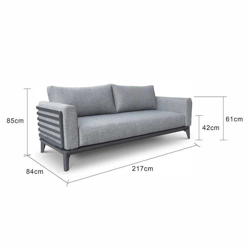 Aluminium outdoor furniture from Alora range, featuring a 3-seater outdoor lounge with charcoal frame and cushions, perfect for outdoor living setup.
