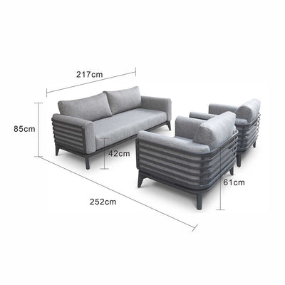 Alora range aluminium outdoor furniture set, including a 1-seater and 5-seater outdoor lounge, designed for durability and comfort under the Aussie sun.
