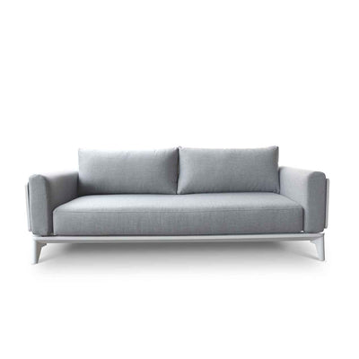 Aluminium outdoor furniture from Alora range, featuring a 3-seater outdoor lounge with white frame and light grey cushions, perfect for outdoor living setup.