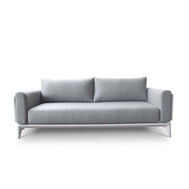 Aluminium outdoor furniture from Alora range, featuring a 3-seater outdoor lounge with white frame and light grey cushions, perfect for outdoor living setup.