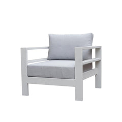 Albury outdoor furniture collection featuring outdoor chairs and aluminium outdoor furniture, including a white chair with a gray cushion.