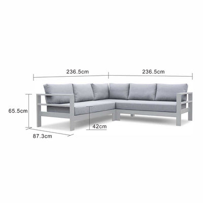 Outdoor furniture: An aluminium 5-seater Modular Lounge with white frame and light grey fabric set against a white background.