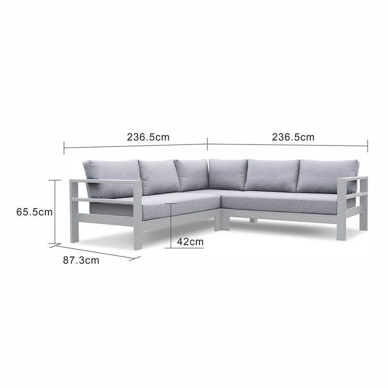 Outdoor furniture: An aluminium 5-seater Modular Lounge with white frame and light grey fabric set against a white background.
