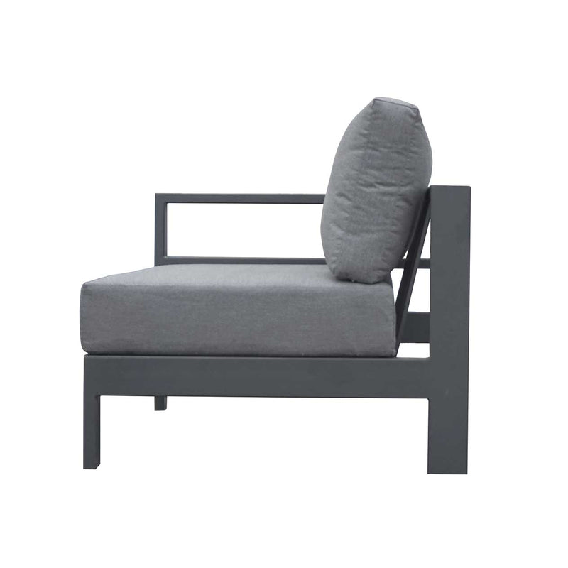Albury outdoor furniture collection featuring outdoor chairs and aluminium outdoor furniture, including a gray chair with a cushion on it.