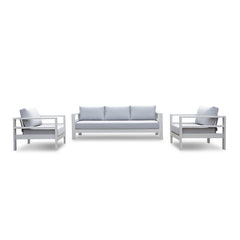Albury outdoor furniture collection featuring a white couch and two chairs, part of an outdoor lounge set made from premium Spanish Agora fabric and aluminium, with a protective cover.