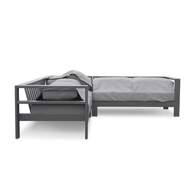 Outdoor furniture: A folded down aluminium 5-seater Modular Lounge with charcoal frame and charcoal fabric set against a white background.