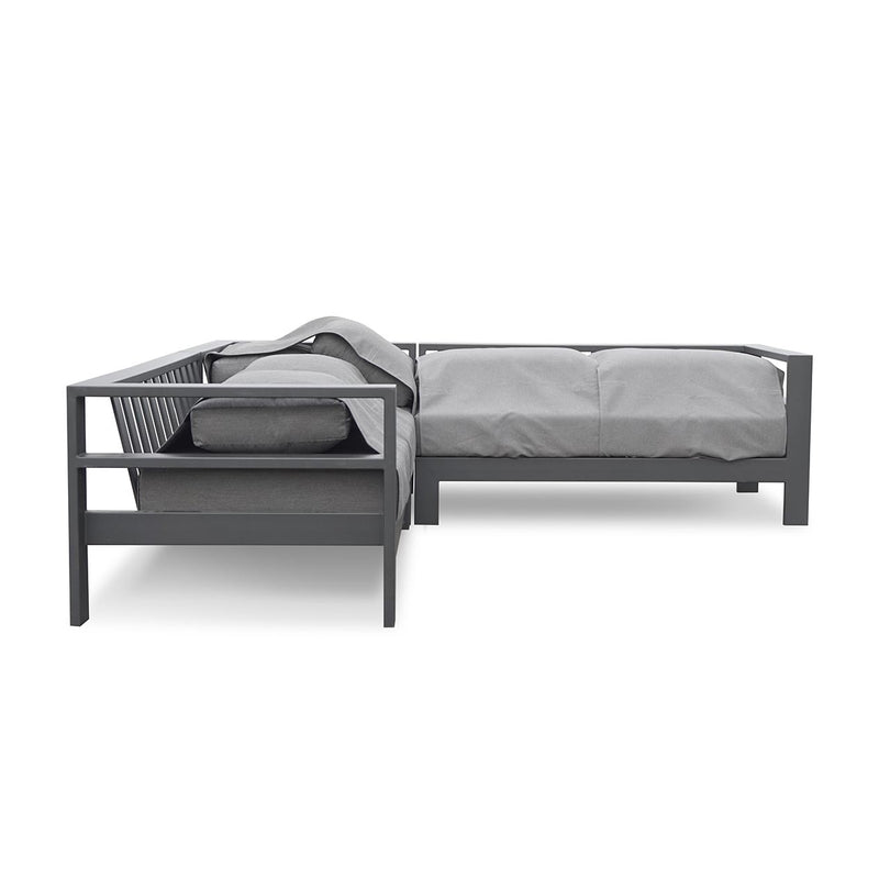 Outdoor furniture: A folded down aluminium 5-seater Modular Lounge with charcoal frame and charcoal fabric set against a white background.