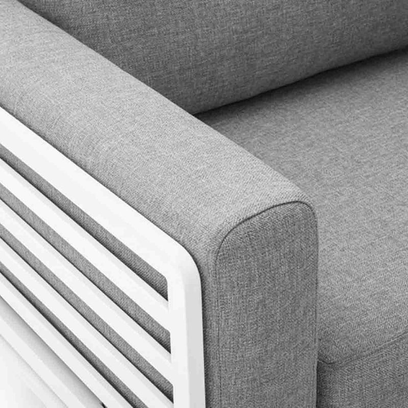 Aluminium outdoor furniture from Alora range, featuring a 5-seater outdoor lounge with a white frame and plush light grey cushions, designed for durability and comfort.