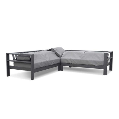 Outdoor furniture: A folded down aluminium 5-seater Modular Lounge with charcoal frame and charcoal fabric set against a white background.