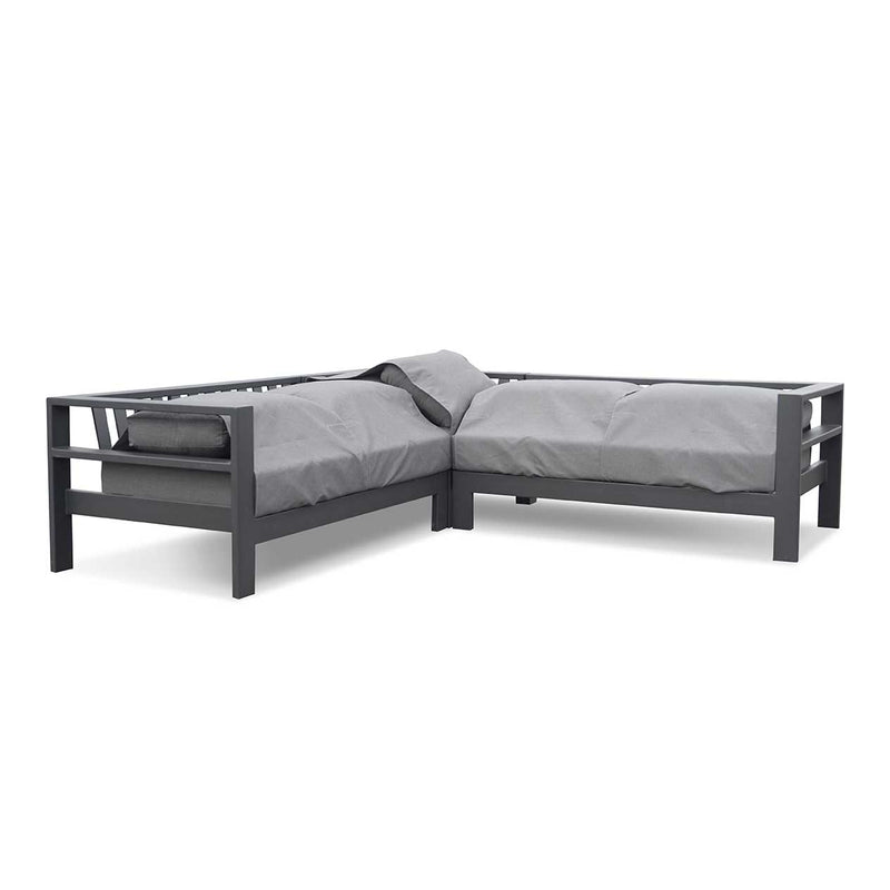 Outdoor furniture: A folded down aluminium 5-seater Modular Lounge with charcoal frame and charcoal fabric set against a white background.