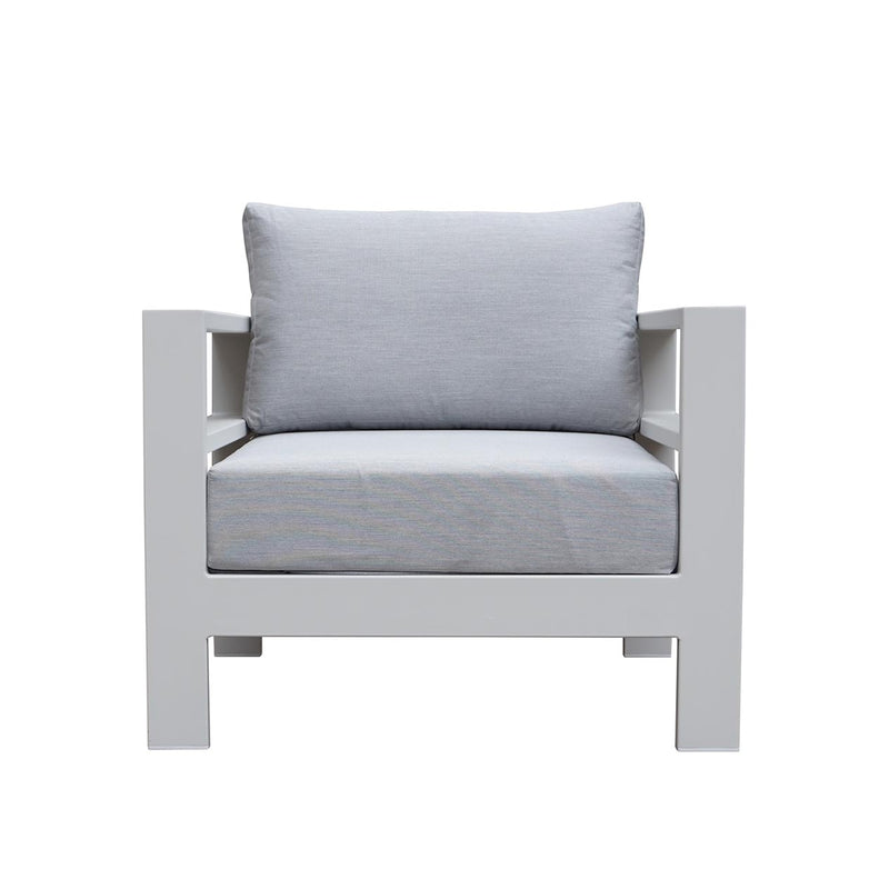 Albury outdoor furniture collection featuring outdoor chairs and aluminium outdoor furniture, including a white chair with a gray pillow on it.