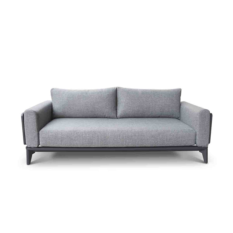 Aluminium outdoor furniture from Alora range, featuring a 3-seater outdoor lounge with charcoal frame and cushions, perfect for outdoor living setup.