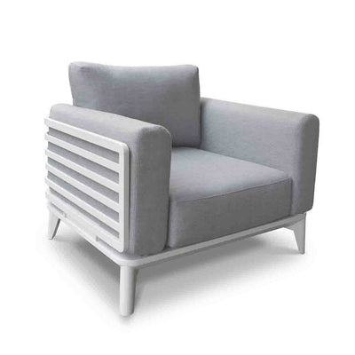 Aluminium outdoor furniture from Alora range, featuring a 1-seater outdoor lounge chair with white frame and plush grey cushions, set against a white background, designed for durability and comfort.