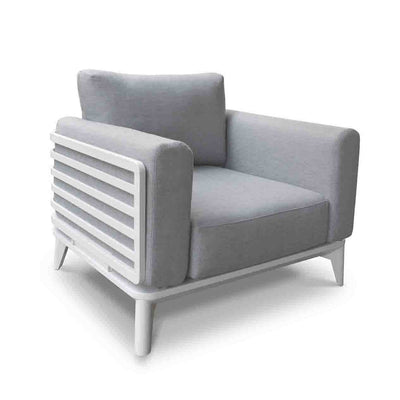 Alora range aluminum outdoor furniture, featuring a grey outdoor lounge chair with white legs and a gray cushion, designed for durability and comfort.