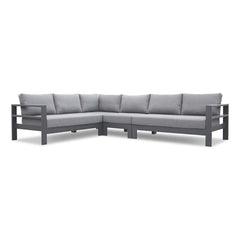 Albury outdoor furniture collection featuring outdoor chairs and a grey sectional couch with a wooden frame, made from premium Spanish Agora fabric and aluminium outdoor furniture elements.