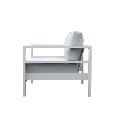 Albury outdoor furniture collection featuring outdoor chairs and aluminium outdoor furniture, including a white chair with a pillow on it.