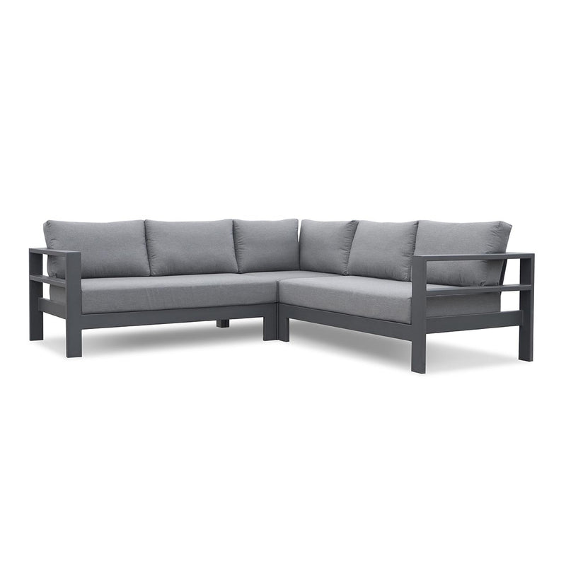 Outdoor furniture: An aluminium 5-seater Modular Lounge with charcoal frame and charcoal fabric set against a white background.