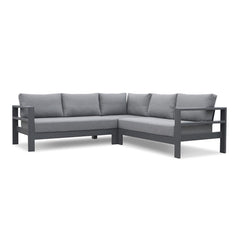 Albury outdoor furniture collection featuring outdoor chairs and aluminium outdoor furniture, including a gray sectional couch on a white floor.