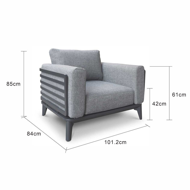 Outdoor furniture: An Aluminium armchair with charcoal frame and plush charcoal cushions set against a white background.