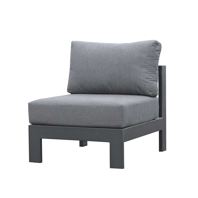 Albury outdoor furniture collection featuring outdoor chairs and aluminium outdoor furniture, including a gray chair with a pillow on it, all with premium Spanish Agora fabric and waterproof lining.