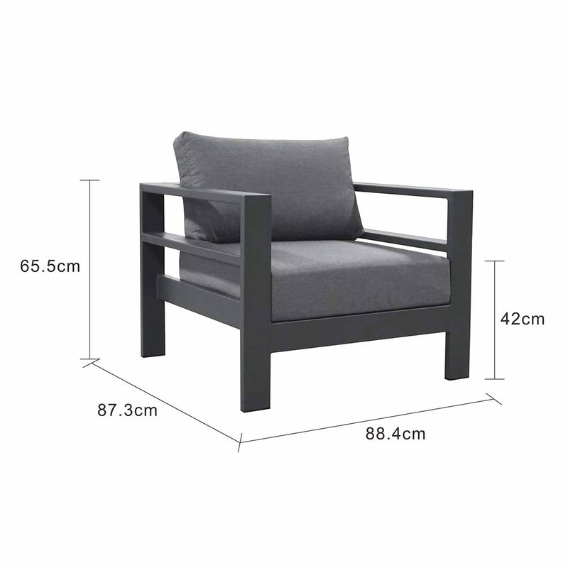 Albury outdoor furniture collection featuring outdoor chairs and aluminium outdoor furniture, including a black chair with a gray cushion and measurements.